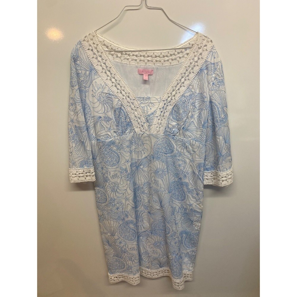 Lilly Pulitzer white dress with blue embroidered seashells paisley size 12 lined